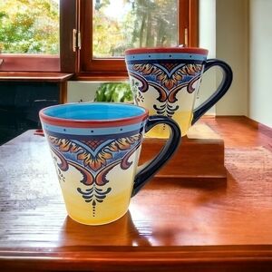 Euro Ceramica Zanzibar Set of 2 Hand-Painted Mugs Handled Cups Colorful Coffee